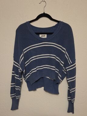 aerie Blue and White Striped Cropped Crew Sweater